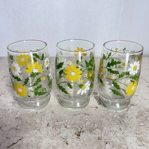 3 Glasses Vintage MCM Daisy Yellow White Green Floral Juice Glass LIBBEY